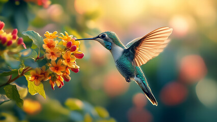 Fototapeta premium A hovering hummingbird approaches vivid blooms