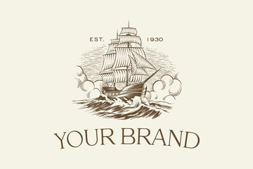 logo illustration of an ancient sea ship in vintage engraving style