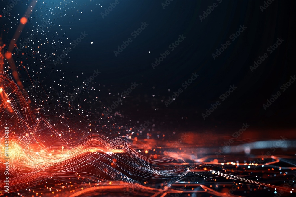 Poster dynamic abstract background featuring glowing waves and sparkling particles in a dark setting