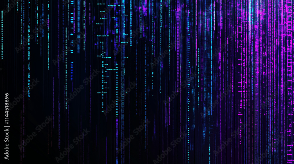 Poster Abstract digital art: Glowing blue and purple data stream on a dark background. Futuristic technology concept with neon light effects. Big data visualization, AI, machine learning, and quantum computi