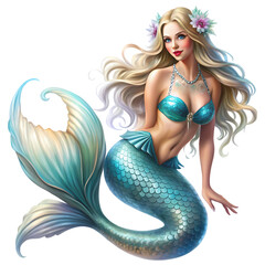 Beautiful woman mermaid on transparent background