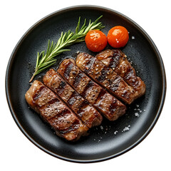 Top view of grilled steak on a dark ceramic plate isolated on a white transparent background