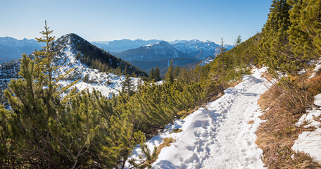 winter landscape Herzogstand mountain, footpath, view to Martinskopf summit, bavaria