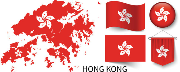 The various patterns of Hong Kong national flags and the map of Hong Kong's borders
