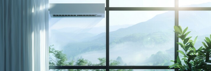 Air conditioner on wall near open window with beautiful mountain view and plants in a bright room....