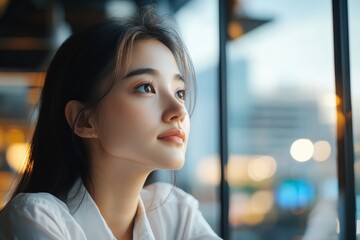 Naklejka premium Young woman gazes thoughtfully out the window during twilight at a cozy urban cafe