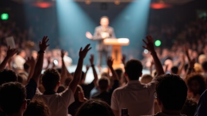Auction house filled with enthusiastic bidders raising paddles in competitive bidding environment, showcasing the excitement and dynamics of auction culture.