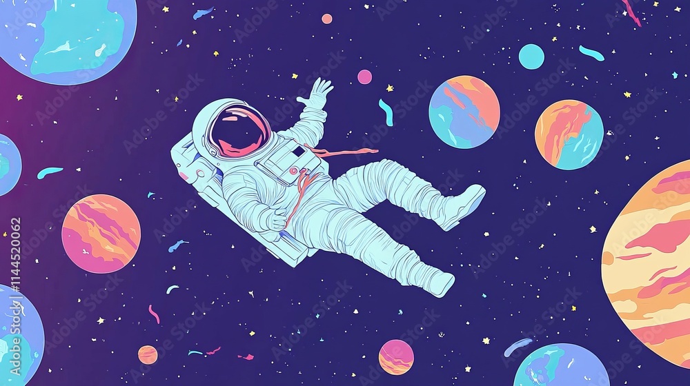 Poster a dynamic illustration of an astronaut floating amidst vibrant planets and a starry sky. the colorfu