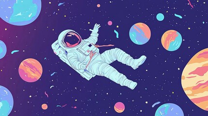 Fototapeta premium A dynamic illustration of an astronaut floating amidst vibrant planets and a starry sky. The colorful, artistic style evokes wonder and creativity, perfect for space-themed projects.. AI Generation