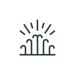 Fountain dancing, water light music show outline icon. Line sign fountain jets and rays of light. Vector isolated pictogram for web and app on white background editable stroke.