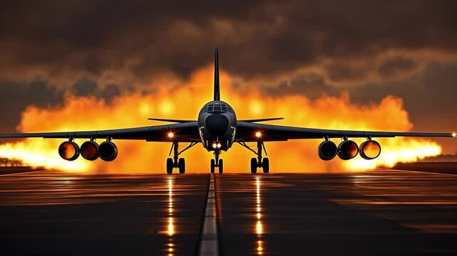 Jet Engine Blazing at Sunset: A powerful jet aircraft bursts into life on a runway, its engines spewing flames against a dramatic sunset sky. The image captures the raw power and energy of aviation.