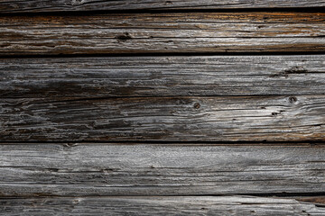 A fragment of the facade of an old Austrian wooden village house in grey-black color