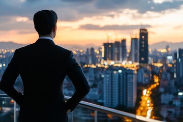 Businessman gazing at city skyline during sunset from high-rise balcony