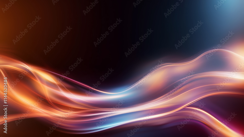 Poster bright flowing lines create a dynamic abstract design with warm and cool colors in a dark background