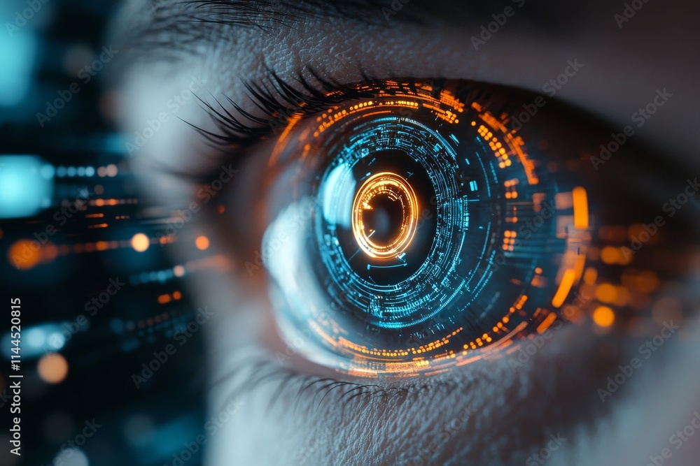 Poster intricate digital eye with glowing circuits and data streams illustrating advanced technology concep