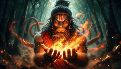 Realstic Hanuman Ji Unleashing Fire Energy In a mystical forest Generative AI, hanuman ji wallpaper Generative AI