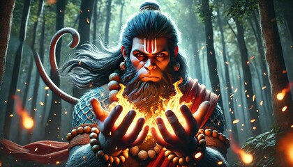 Realstic Hanuman Ji Unleashing Fire Energy In a mystical forest Generative AI, hanuman ji wallpaper Generative AI