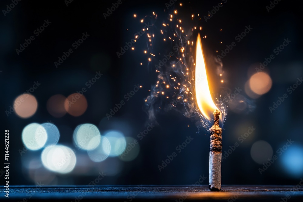 Poster Sparkling firework ignites in a dim setting with blurred lights creating a magical atmosphere