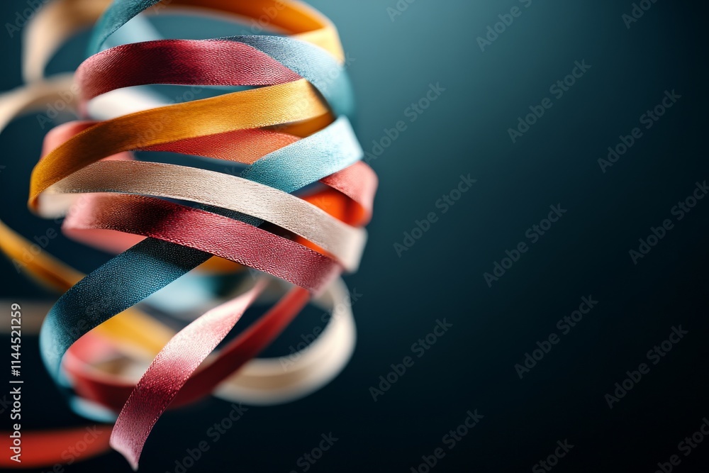 Poster colorful ribbons twist and turn creatively against a dark backdrop in a dynamic presentation of text