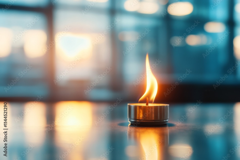 Poster candle flame flickers gently on a reflective surface during twilight in a serene indoor setting