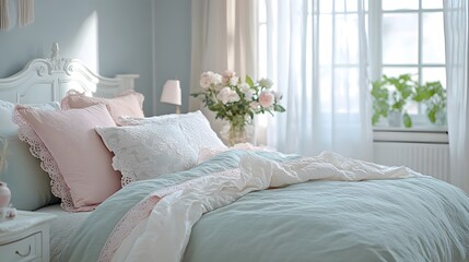 A luxurious European style bedroom showcases elegant bedding in mint and blush tones, with embroidered details and plush pillows, bathed in soft natural lighting for a cozy atmosphere.