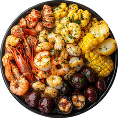Top view of seafood boil on a dark ceramic platter isolated on a white transparent background