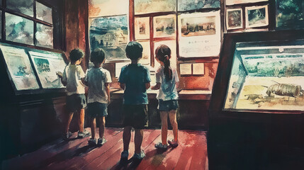 Obraz premium Children exploring museum exhibit, engaging with historical displays and artifacts in warmly lit room, fostering curiosity and learning