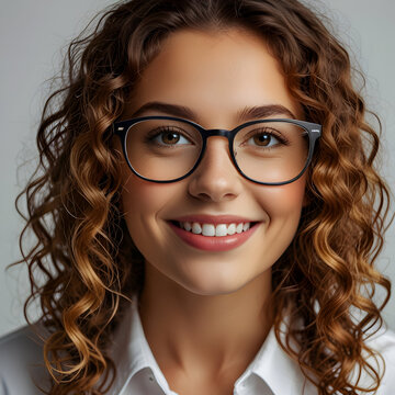 cheerful curly business girl wearing gla