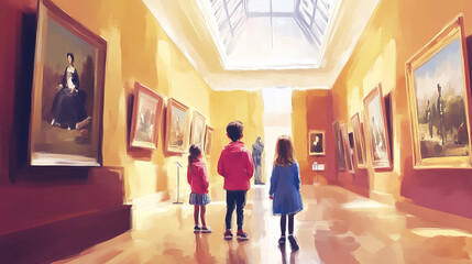 Children admiring historical paintings in brightly lit art gallery, showcasing serene and educational atmosphere