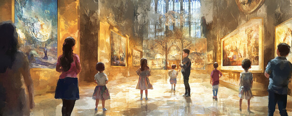 Fototapeta premium Children captivated by ornate historical exhibit in grand museum hall, surrounded by vibrant paintings and illuminated by warm, golden light streaming through tall windows