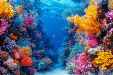 Obraz premium Vibrant coral reef teeming with exotic sea creatures , isolated on white background, , copy space, copy space for text,
