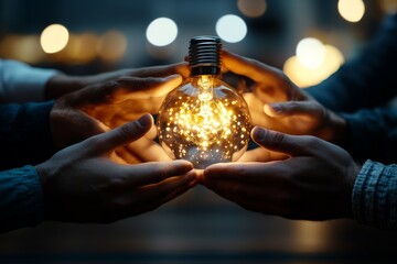 Group of hands holding glowing light bulb with decorative lights during evening gathering indoors