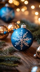 Stylish blue baubles with delicate snowflake patterns paired with shiny golden ornaments and fresh evergreen branches, exuding a festive and luxurious holiday vibe.. AI Generation