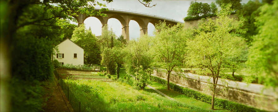 Arch bridge in a canyon, Adolphe Bridge, Luxembourg City, Luxembourg.