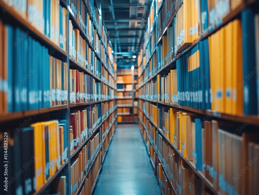 Poster a captivating view of a modern library aisle with brightly colored book spines in a serene and organ