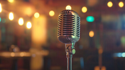 Vintage microphone in a retro radio station setting with warm lighting