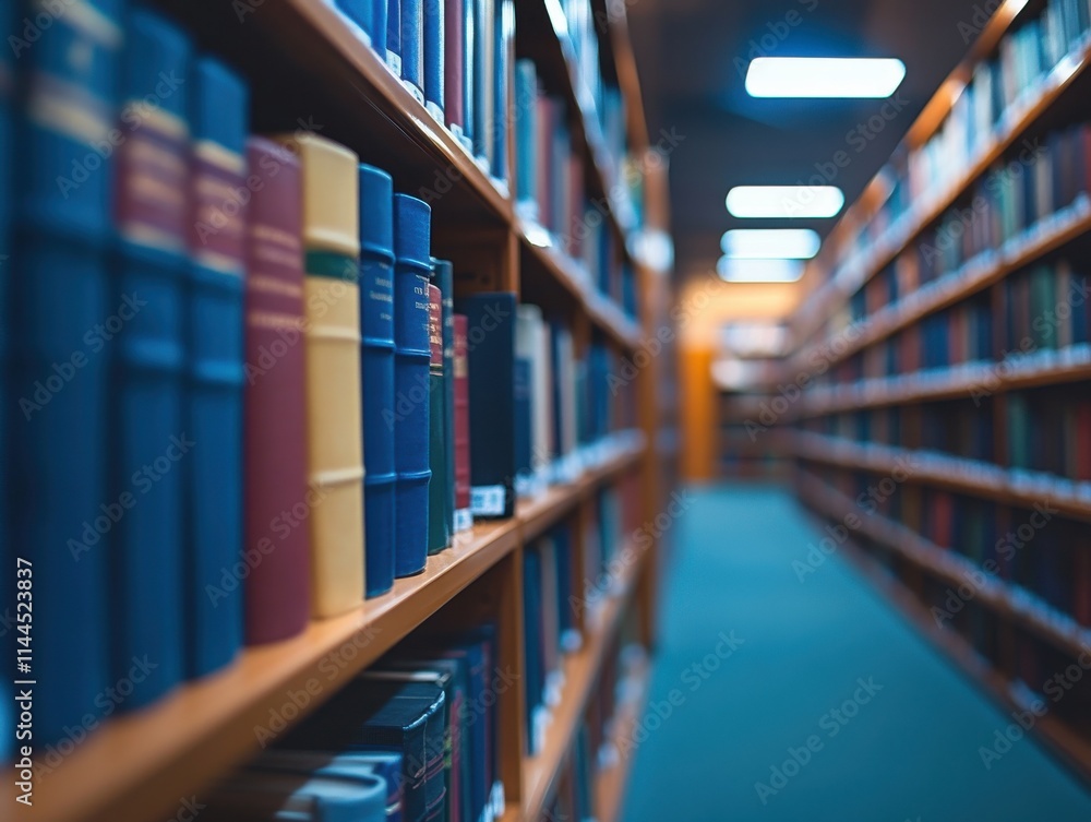 Poster a serene perspective of a library interior with rows of books on shelves creating a peaceful environ