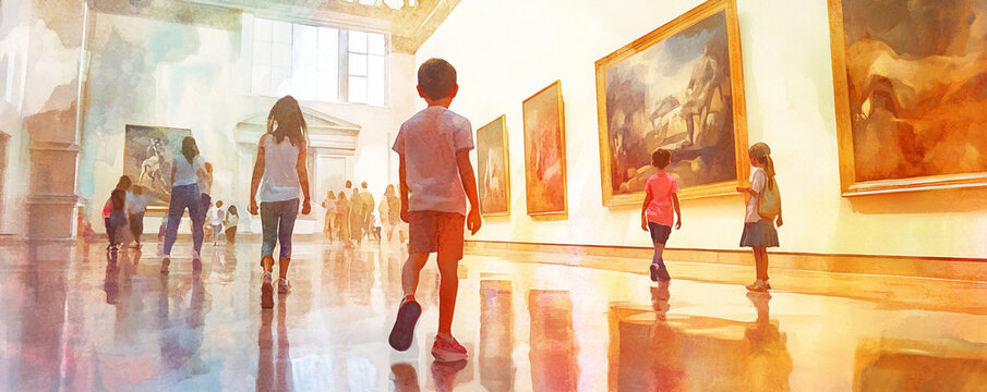 Children exploring bright art museum, admiring ancient and modern paintings in serene and inspiring atmosphere. gallery features large framed artworks and polished floors