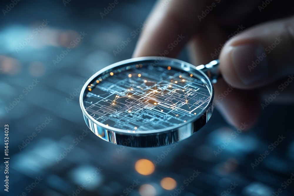 Poster magnifying glass reveals intricate circuits on a microchip with glowing connections in a technologic