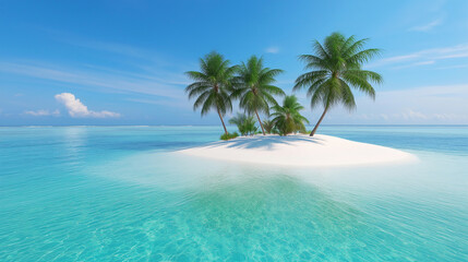 a lush tropical island with palm trees and white sand beaches.