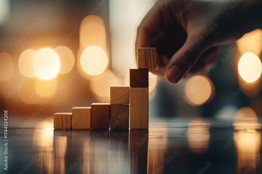 Poster hand arranging wooden blocks into a staircase formation with soft focus lights in the background dur
