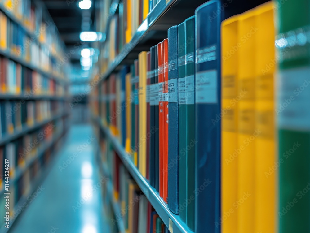Poster a vibrant library scene with colorful book spines on shelves creating a depth of field effect, illus