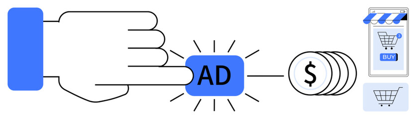 Large hand pressing button labeled AD Visually represented monetary gains and digital storefront, Ideal for online marketing campaigns e-commerce advertising web monetization digital retail revenue