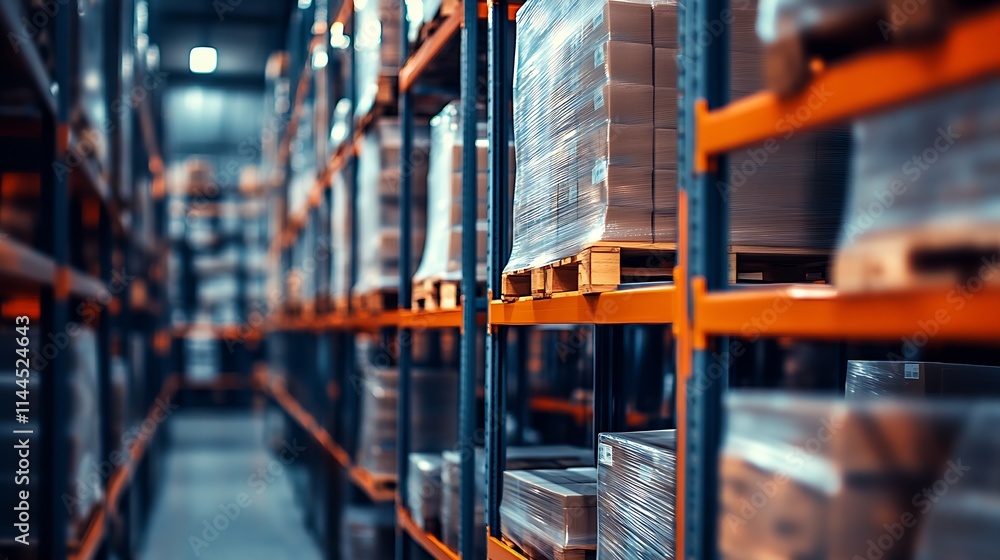 Poster high shelves in warehouse with organized pallets ready for distribution : generative ai