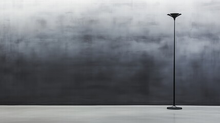 Tall black floor lamp in a minimalist room with a gray textured background. modern interior design