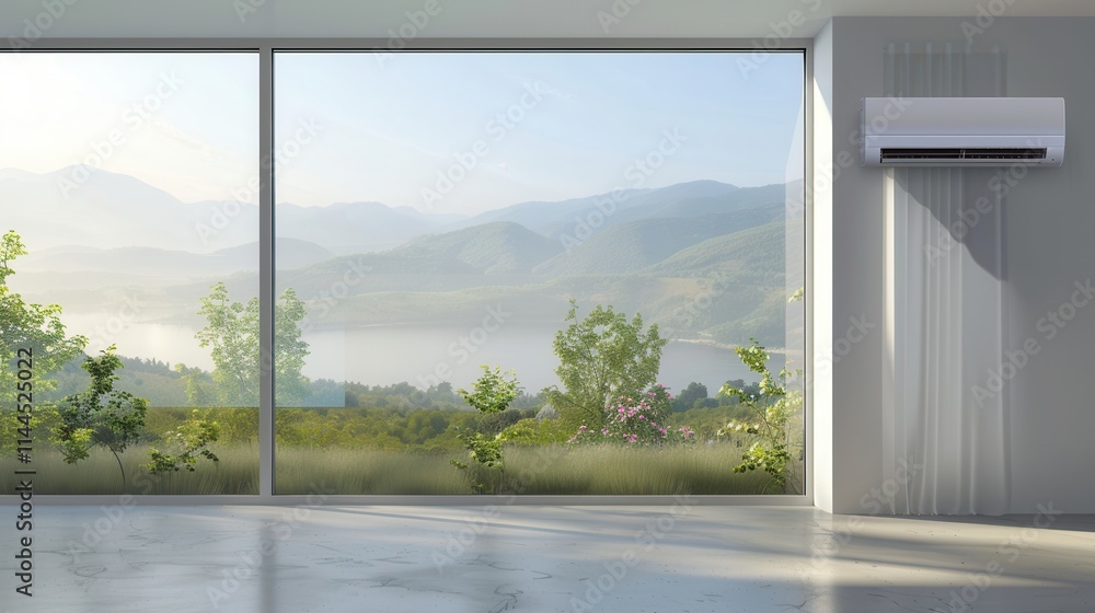 Aufkleber air conditioner mounted on wall beside open window with view of mountains and lake in bright sunligh