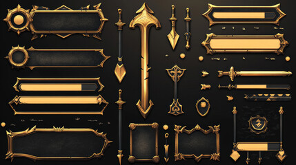 Game UI elements with gold frames in medieval style. Buttons, banners different shapes, progress bar, arrows and sliders with fantasy metal border, vector cartoon set