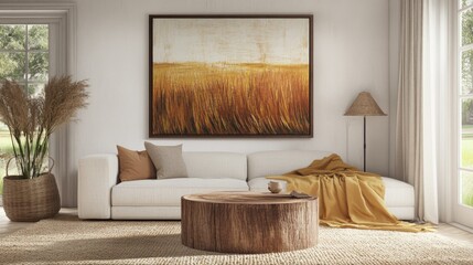 Cozy living room setup with white walls, a light sofa, wooden coffee table, textured carpet, potted green plants, lamp stand, and decorative accents including a draped yellow blanket