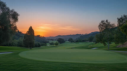 Lush green golf fairway with the sun setting, casting a serene ambiance over the landscape