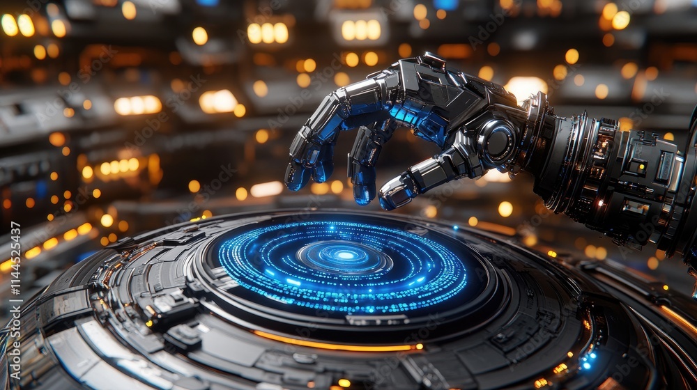 Poster cybernetic hand interacting with virtual computer code, surrounded by glowing circuitry and abstract